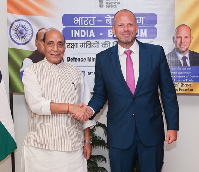 Defence Minister Rajnath Singh and Belgian Minister Theo Francken in bilateral talks